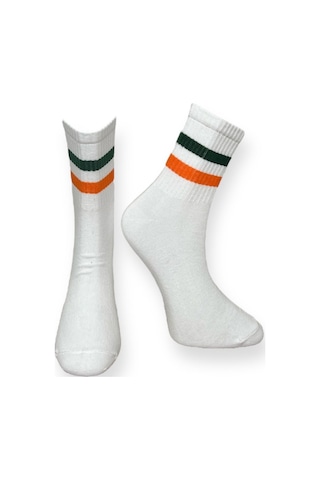 2'li Unısex Çizgili Yeşil-turuncu Ve Yeşil-kırmızı Şeritli Esnek Nem Alabilen Pamuklu Spor Soket Çoraplar Çok Renkli