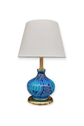 Patara Abajur Gold Kaplamalı Mavi Çini Krem Şapka Mavi