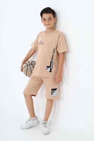 Erkek Çocuk Yazı Baskılı Kısa Kollu Şortlu Takım-5849-Bej