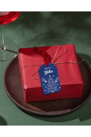 Yılbaşı Mutlu Yıllar Yazılı Hediye Etiketi, Çam Desenli Paketleme