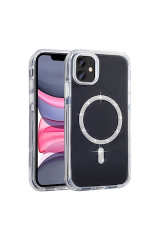 Nourthkiingdom Apple Uyumlu iPhone 11 Kılıf Taşlı Tasarım M-safe Şarj Özellikli Zore Koment Silikon Kapak - Gümüş Gümüş