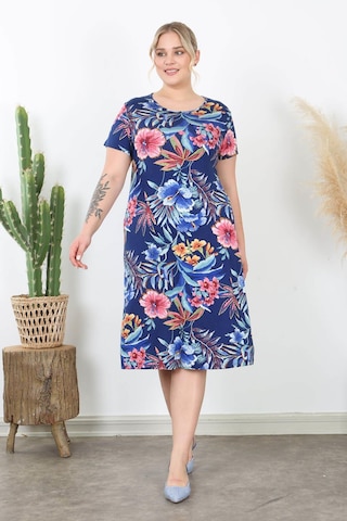 Kadın Lacivert Pembe Tropikal Desen Midi Elbise Lacivert