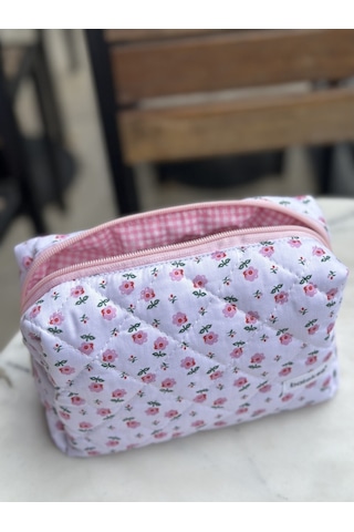 Batekso Minik Pembe Çiçek Desenli Makyaj Çantası Büyük Boy