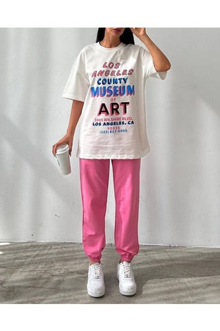 Art Baskılı Beyaz T-shirt Pembe Eşofman Altı Jogger-baskılı Eşofman Takım Oversize Bisiklet Yaka Pembe