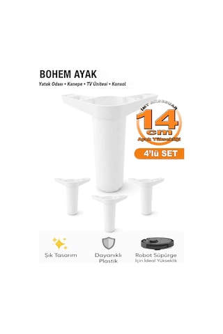 İmt Aksesua Bohem 14 Cm Beyaz 4 Adet Mobilya Ayağı Robot Süpürgeye Uyumlu Koltuk Dolap Tv Ünitesi Konsol Ayağı Beyaz