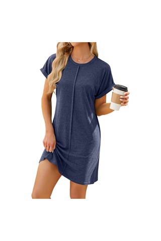 Sones Kadın Organik Pamuk Kısa Kollu Midi Elbise Rahat Bol Kesim Saf Renk İlkbahar Yaz Elbisesi Lacivert