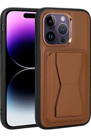 Apple Uyumlu iPhone 14 Pro Max Kılıf Kartlıklı Standlı Pu Deri Zore Memo Kapak Kahverengi