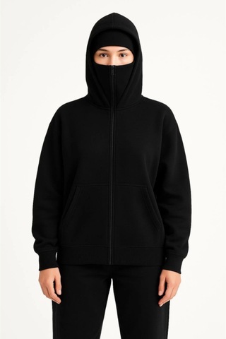 Butik İstanbul Samuray Ninja Çift Kapşonlu Zıp Fermuarlı Kanguru Çepli Hoodie Maske Detaylı Swetshirt - Siyah
