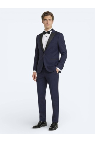 Kip Saks Düz Slim Fit Kruvaze Yaka Dokuma Smokin Takım Elbise Saks