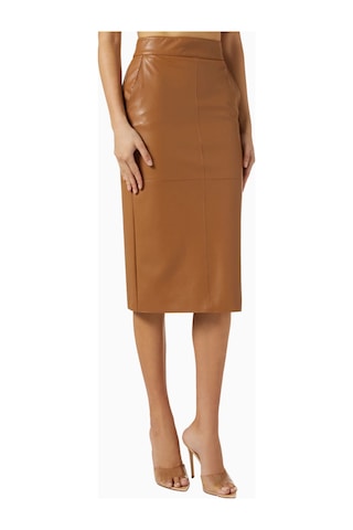 Elisabetta Franchi Deri Görünümlü, Korse Detaylı Fitted Pencil Midi Etek Kahverengi