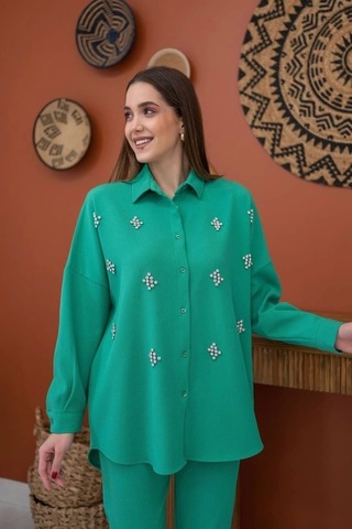 Defymoda Yeşil Gömleği Taşlı Fitilli Takım Yeşil