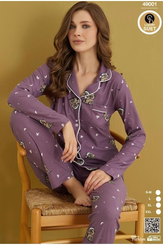 Çağrı Kadın Kışlık Süet Uzun Kollu Önü Düğmeli Yumuşak Dokulu Pijama Takımı Mor
