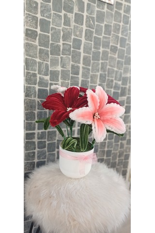 35 Cm- Saksılı Solmaz Yapay Çiçek - Geçmiş Olsun Çiçeği , Anneler Günü , Ev Hediyesi Beyaz - Bordo
