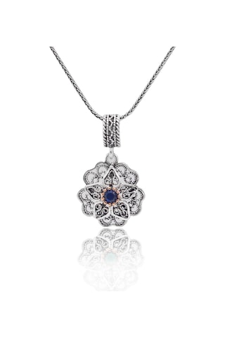 Safir Taşlı Gül Model Oksitli 925 Ayar Gümüş Telkari Kadın Kolye 201025653