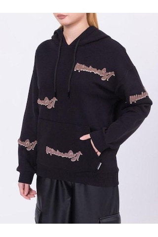 Kız Çocuk Kapüşonlu Punch İşlemeli Şardonlu Kapüşonlu Sweatshirt-13457-siyah Siyah