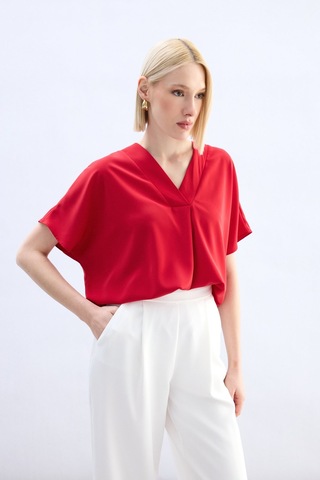 Sateen Geniş Kısa Kollu Bluz - Kırmızı-136764 Kırmızı