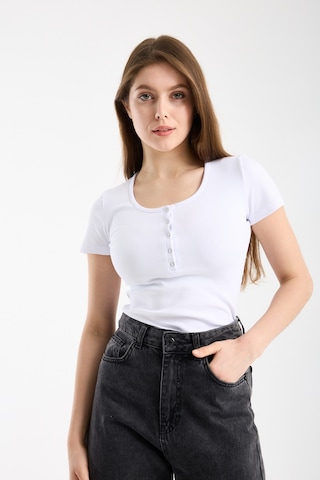 Hdm Kadın Esnek Fitilli Yakası Çıtçıtlı Beyaz Kısa Kol Basic Örme Bluz - H5993-55 Beyaz