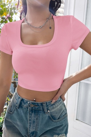 Angbutik Kadın Pembe Yarım Kol Düz Yaka Crop Top Bluz