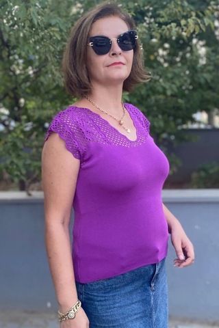 Mia Butik Kadın Mor Sıfır Kol Ajurlu Triko Bluz Mor