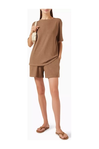 Enandı Brown Textured T-shirt, Dokulu Pamuklu Hafif Ve Nefes Alabilir Üst Kahverengi