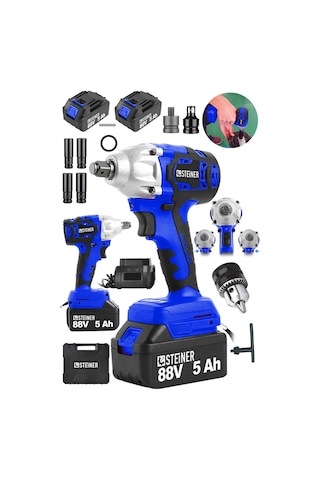 Steiner 88V 5Ah Çift Akülü Kömürsüz Çantalı Matkap Bijon Somun Sıkma Makinesi Mavi + Mandren
