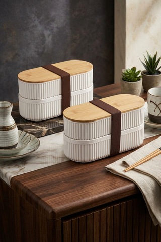 Makri Home 2 Adet 2'li Bambu Kapaklı Saklama Ve Beslenme Kutusu 2 Katlı, 20 X 9 X 5,5 Cm Şeffaf
