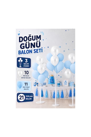 21 Balonlu Doğum Günü, Kutlama, Parti Balon Seti - 3 Adet Balon Standı - 21 Balon Adet Balon - Parti Süsleme - Bebek Partileri Beyaz - Mavi
