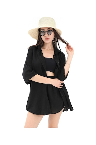 Pamuk Keten Şort Gömlek Kadın İkili Takım - Siyah-siyah Siyah