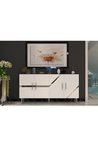 Pınar Konsol Tv Sehpası Çok Amaçlı Dolap 150 Cm Beyaz Gümüş