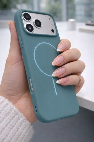 Apple iPhone 17 Pro Uyumlu İçi Kadife Magsafe Wireless Şarz Özellikli Mint Yeşil Renkli Telefon Kılıfı Resimdeki