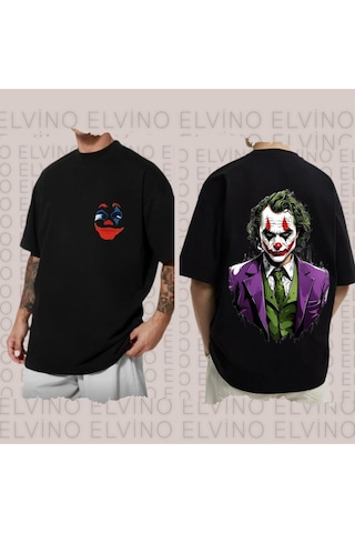 Noıssey Siyah Joker Baskılı Oversize Unisex Kadın/erkek Siyah Bisiklet Yaka