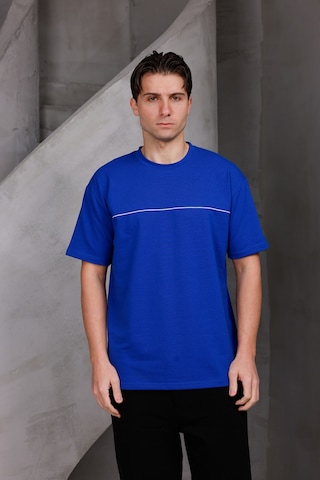 Erkek Garnili Şeritli Oversize Bisiklet Yaka 2 İki İplik Kompakt T-shirt Saks