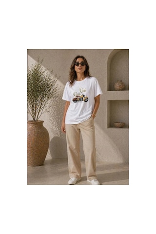 Butik İstanbul Motosiklet Baskılı Tişört Bisiklet Yaka Kısa Kol Yazlık T-shirt - Beyaz