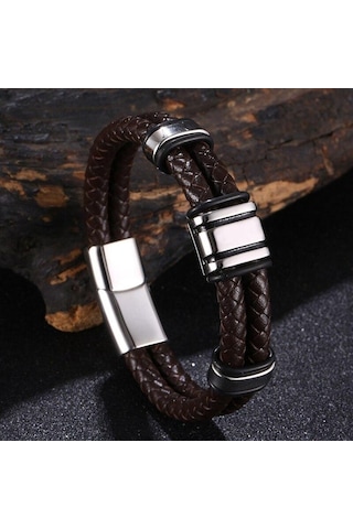 Lüks El Yapımı Deri Örgü Erkek Bileklik Paslanmaz Çelik Toka İş Adamı Bileklikleri Arkadaş Ortak Aşıklar İçin Hediye Kahverengi