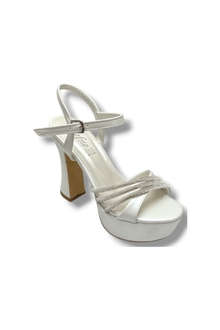 Defne 797-26 Sedefli Çapraz Taşlı 30mm Platform Topuk Kadın Sandalet 12cm Krem