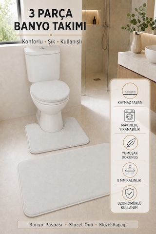 3 Lü Banyo Paspası Halısı Seti Kaymaz Tabanlı Yıkanabilir Klozet Takımı Açık Gri