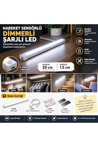 Hareket Sensörlü Şarjlı Led Lamba 30 Cm Beyaz Renk