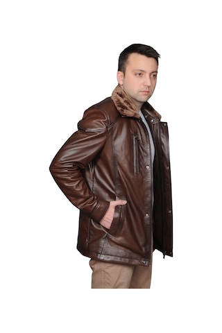 Derije Owen Hakiki Deri Erkek Kürklü Kestane Karartma Ceket-Mont-Kaban