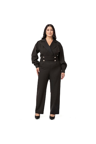 Büyük Beden Kruvaze Yaka Metal Düğmeli Fermuarlı Siyah Tulum-siyah Siyah