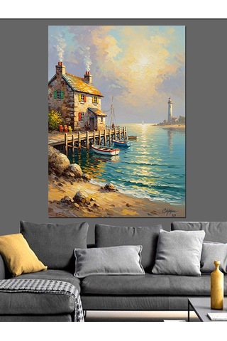 Ahşap Tablo Limanda Küçük Balıkçı Evi Yiyecek Ve İçecek Tabloları