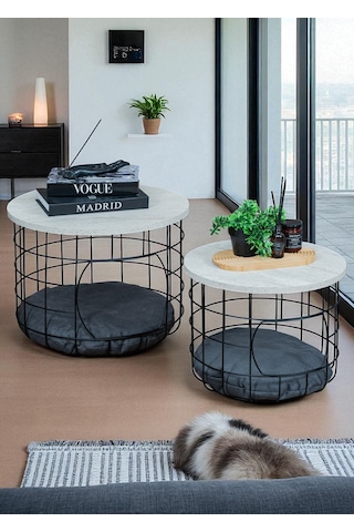 Beyaz Çok Amaçlı Kedi Yuvalı Metal Sepetli 2 Li Orta Sehpa