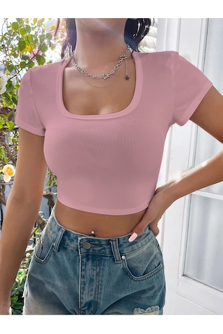 Rooted-kadın Kare & Havuz Yaka Crop T-shirt ,likralı Fitilli Kaşkorse Kumaş Pembe