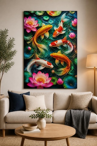 Koi Balığı Ve Lotus Baskılı Cam Tablo Renkli Uv Baskı Dekoratif Duvar Tablosu