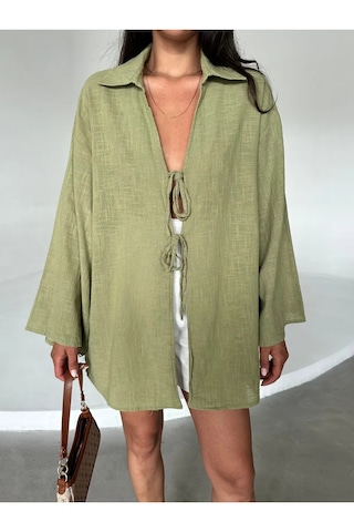 Haki %100 Keten Bağcık Detaylı Kimono Bluz - 5218 Haki
