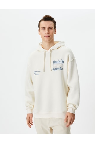 Koton Oversize Sweatshirt Kapşonlu Arkası Baskılı Sloganlı Ekru 4wam70457mk Ekru