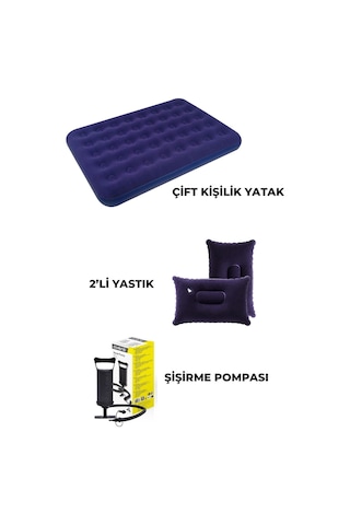 Çift Kişilik Kamp Şişme Yatak Yastık Şişirme Pompa Seti Lacivert