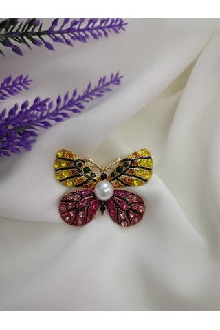 Lente Aksesuar Sarı Pembe Kristal Taşlı Kelebek Broş-inci Detaylı Kelebek Yaka İğnesi Çok Renkli