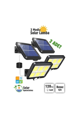 2 Adet 120 Cob Led Solar Panel Güneş Enerjili 3 Mod Duvar Lambası Bahçe