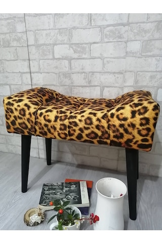 Puf . Leopar Desenli Siyah Ahşap Ayak Çima Dikiş Spor Modern Tasa