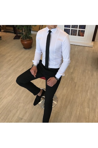 Italyan Stil Slim Fit Erkek Kravat Yaka Gömlek Beyaz T4775